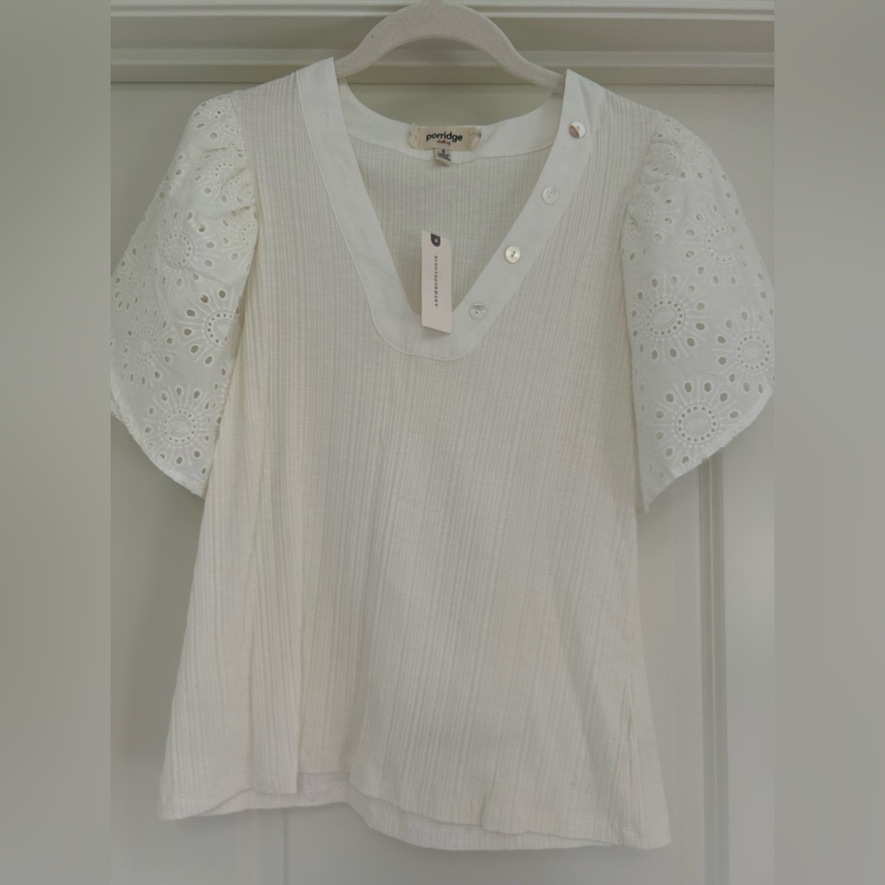 Anthropologie Ivory Eyelet Sleeve Top